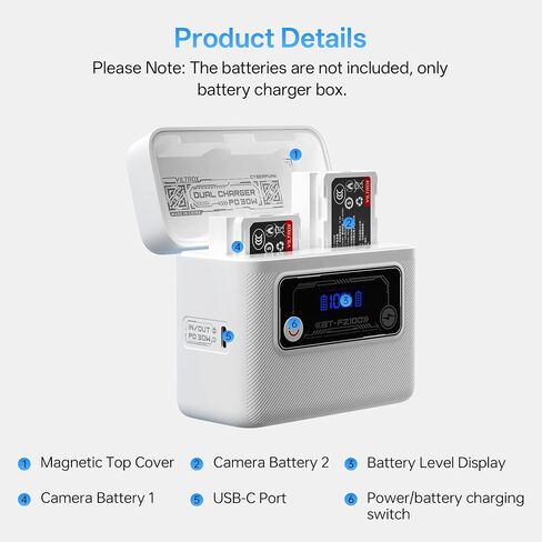 VILTROX BT-FZ100 Camera Battery Charger for Sony NP-FZ100/VILTROX TNP-FZ100 Camera Battery, 40.7Wh PD 3.0 30W Fast Dual Slot Baterry Charger Case with USB C Port, Smart Display, Magnetic Cover in Saudi Arabia