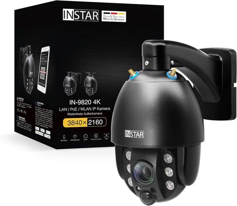 في 9820 4K كاميرا أمان خارجية سوداء ، LAN/WI-FI/POE ، PTZ 5X ZOOM ، اكتشاف AI ، فيديو آمن HomeKit ، الصوت ثنائي الاتجاه ، الرؤية الليلية ، PIR ، MQTT ، WPA3 ، NDAA/TAA in Kuwait