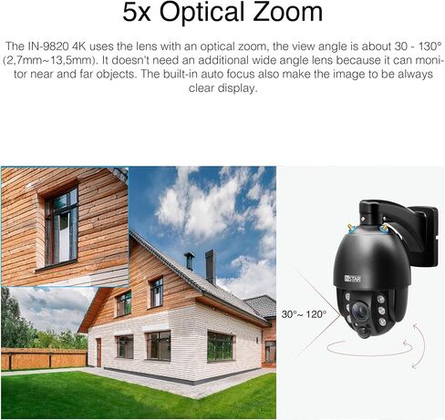 في 9820 4K كاميرا أمان خارجية سوداء ، LAN/WI-FI/POE ، PTZ 5X ZOOM ، اكتشاف AI ، فيديو آمن HomeKit ، الصوت ثنائي الاتجاه ، الرؤية الليلية ، PIR ، MQTT ، WPA3 ، NDAA/TAA in Kuwait