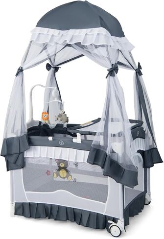 حزمة Honey Joy 4-in-1 وتلعب مع المظلة ، و Playard Playard المحمولة مع الطاولة المتغيرة و Ritant Bassant Toys و Music ، وسحر قابلة للطي للولودات حديثي الولادة والطفل (الرمادي) in Saudi Arabia