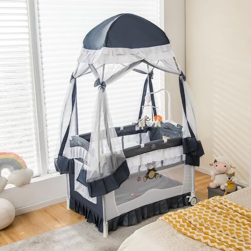 حزمة Honey Joy 4-in-1 وتلعب مع المظلة ، و Playard Playard المحمولة مع الطاولة المتغيرة و Ritant Bassant Toys و Music ، وسحر قابلة للطي للولودات حديثي الولادة والطفل (الرمادي) in Saudi Arabia