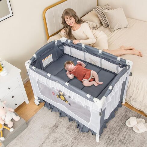 حزمة Honey Joy 4-in-1 وتلعب مع المظلة ، و Playard Playard المحمولة مع الطاولة المتغيرة و Ritant Bassant Toys و Music ، وسحر قابلة للطي للولودات حديثي الولادة والطفل (الرمادي) in Saudi Arabia