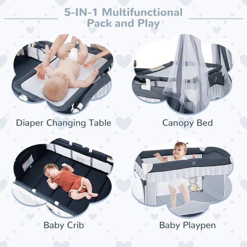 حزمة Honey Joy 4-in-1 وتلعب مع المظلة ، و Playard Playard المحمولة مع الطاولة المتغيرة و Ritant Bassant Toys و Music ، وسحر قابلة للطي للولودات حديثي الولادة والطفل (الرمادي) in Saudi Arabia