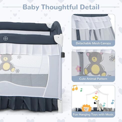 حزمة Honey Joy 4-in-1 وتلعب مع المظلة ، و Playard Playard المحمولة مع الطاولة المتغيرة و Ritant Bassant Toys و Music ، وسحر قابلة للطي للولودات حديثي الولادة والطفل (الرمادي) in Saudi Arabia