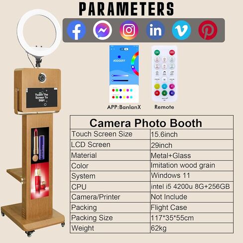 Magic Mirror Photo Booth ، مع كشك صور مرآة الشاشة 15.6 بوصة مع شاشة 29 بوصة شاشة LCD ، ومدمج I5 4200U 8G+256GB كمبيوتر MINI ، لمختلف أنشطة الحفلات. (براون ، آلة) in Kuwait