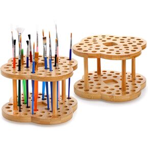 Foraineam 2 Pack Rotating Paint Brush Holder 53 Holes Bamboo Display Drying Stand Artist Paint Brush Organizer Watercolor Brush Stand Rack Paint Brush Storage Art Supply Organizer