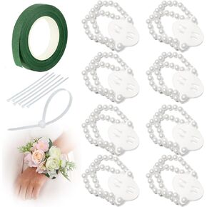 Corsage Wristlet Band 8Pcs Wrist Corsage Bracelets,Pearl Stretch Elastic Wristlets for Wedding Party Prom DIY Wrist Corsage Supplies