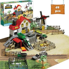 Farm Animal Toys Playset - 49 Piece Barn House with 12 Animal Figurines Tractor Trucks & Durable Play Mat + Fences, US-Safety Certified Educational Toys for 4-6 Kids Ages 3-12