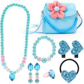 Hifot Kids Jewelry Little Girls Plush Handbag Necklace Bracelet Ring Hair Clips Set, Jewelry Party Favors Gift for Dress up Pretend Play