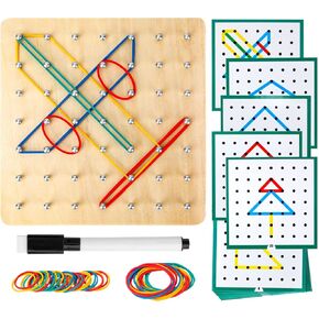 HEELWIRE Wooden Geoboard,Montessori Toy,Graphical Mathematical Education Toy for Kids with Pattern Cards and Rubber Bands to Figures and Shapes, Brain Teaser STEM Toy Geo Board (6 * 6 * 0.6 in)