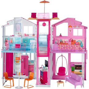 Barbie Doll House Playset, 3-Story Townhouse with 4 Rooms & Rooftop Lounge, Furniture & Accessories Including Swinging Chair (Amazon Exclusive)
