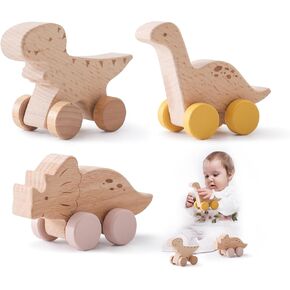 Wooden Dinosaur Cars Montessori Toys for Babies Baby Push Car Toys Wooden Toy Vehicles Development and Infant Grasping Montessori Toys(3PCS)