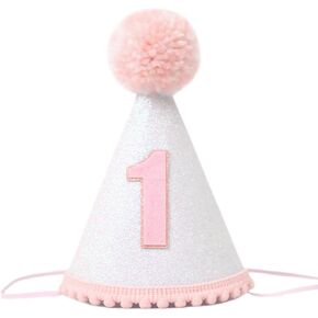 Glitter First Birthday Hat for Baby Girls - Natural Boho 1st Birthday Hat - 1st Birthday party Conical Cap - 1st Birthday Celebration White Hat - Baby First Birthday Crown Props