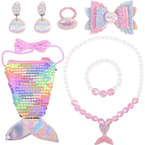 7pcs Mermaid Dress Up Purse Jewelry Set,Mermaid Necklace Bracelet Earring Set, Pretend Play Mermaid Party Decorations