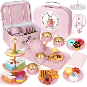 iAOVUEBY Tea Party Set for Little Girls, 49PCS Princess Tea Time Toys Including Tea Set Dessert Carrying Case, Kids Kitchen Pretend Playset, Tea Set for Girls Birthday Toddler Age 3-8, Pink in Kuwait