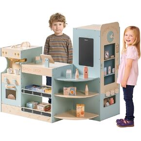 ROBOTIME Kids Grocery Store Playset, Wooden Pretend Play Supermarket with Checkout Counter, Vending Machine Toy, Kids Coffee Maker & Cuting Food, Grocery Store Pretend Play for Toddler Boys Girls