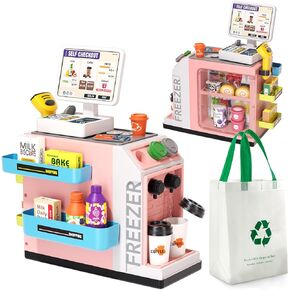 48-Piece Pretend Play Cash Register Toy Set with Water Outlet Function - Calculator, Shopping Bag, Scanners, Credit Cards, Coffee Machine, Play Food - Gift for Boys and Girls Ages 3+（Pink）