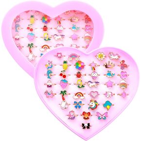 36pcs Little Girl Jewel Rings, Adjustable Unicorn Rings Toys, No Duplication Kids Play Rings in Box,Dress Up Rings for 4-12 Year Old Girls, Birthday Christmas Valentine's Day Holiday Gifts
