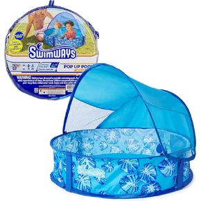 Swimways Elite Pop-Up Above Ground Pool, Baby Pool with Canopy & Carrying Case, Foldable Kiddie Pool for Ages 9-24 Months, Measures 32", Blue