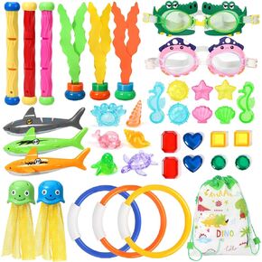 38 PCS Swimming Pool Toys with a Storage Net Bag, Including Diving Sticks, Shark Diving Rings, Underwater Treasures Toypedo Bandits Fish Toys etc. Summer Fun Water Toys for Adults Kids Teens