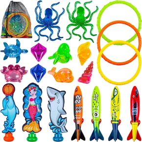 Pool Diving Toys Games,Summer Pool Diving Swimming Toys for Kids Ages 4-8, 8-12,with Storage Bag, Summer Beach Colorful Toys,Dive Throw Toy for Pool, Beach, Bathroom and Party (17 Pcs)