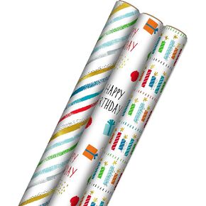 Hallmark Recycled Wrapping Paper with Cutlines on Reverse (3 Rolls: 60 Sq. Ft. Ttl) Red, Blue, Green, Gold Stripes, Candles, "Happy Birthday" for Kids and Adults