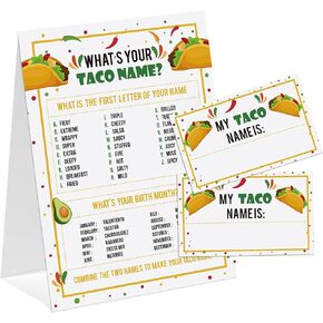 Taco Theme What's You Taco Name Game, Baby Shower Game Stickers, Birthday Game, Party Decoration, Activity Game for Office or Class, Package Contains 1 Sign and 30 Name Stickers(wyn06)