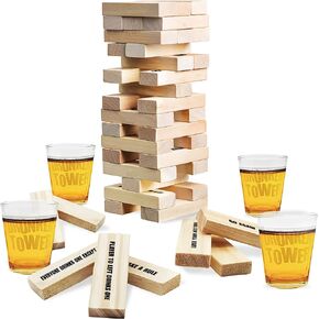 ArtCreativity Tumbling Tower Drinking Game, Drinking Game with 4 Glasses and 60 Wooden Blocks with Challenges, Fun House Party Games for Game Night, Great Gift Idea