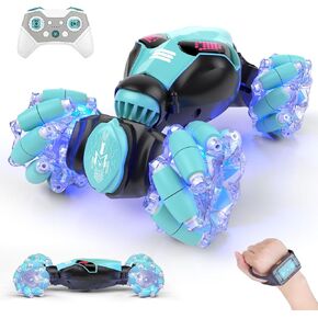 Powerextra Gesture Sensing Rc Stunt Car with Light & Music for Girls, 4WD Hand Controlled Double Sided 360° Flips Off Road Transform Remote Control Car with LED Light, Toy Gift for Age 8+ Kids, Pink