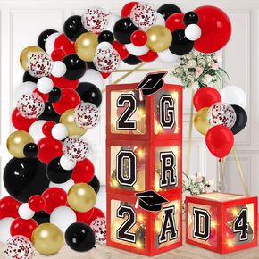 DAZONGE Graduation Decorations Class of 2024 - Set of 4 Red Graduation Balloon Boxes with 139pcs Balloon Arch Garland Kit & 4 Light Strings - So Proud of You 2024 Graduation Decorations for Any Grades