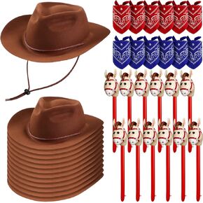 Xtinmee 36 Pcs Cowboy Party Costume Set, Farm Cowboy Hats Paisley Bandanas Inflatable Stick Horses Kids Party Supplies