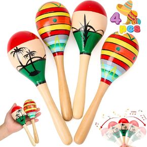 JOYIN 4 PCS Cinco De Mayo Wooden Maracas for Kids, Maraca Magic, Wooden Rattle Noisemaker for Mexican Fiesta Party Favors, Musical Fun, Birthday Parties, Luau Party, Carnivals, Taco Tuesday Event