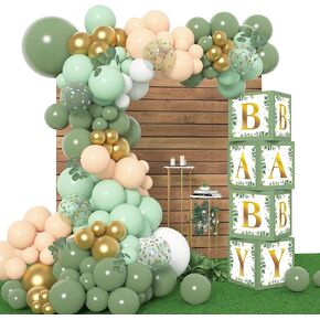 Amandir 143Pcs Baby Boxes Sage Green Baby Shower Decorations, Olive Green Balloon Garland Kit 4 Baby Blocks Gold Letter for Gender Neutral Boy Girl Safari Jungle Biythday Party Supplies