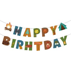 Camping Happy Birthday Banner, Camping Theme Happy Birthday Banner for Outdoor Yard Campsite Decor, Fun House Banner with Campfire Tent Oil Lamp Adventure Camping Birthday Party Decoration