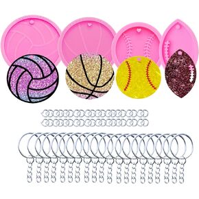 4Pc Silicone Molds with a Hole Resin Baseball,Volleyball, Baseball, Football Keychain Molds DIY Crafts Casting Epoxy Jewelry Mold with 20Pc Key Ring (DY0090+DY0194+DY0288+DY0383+PJ)