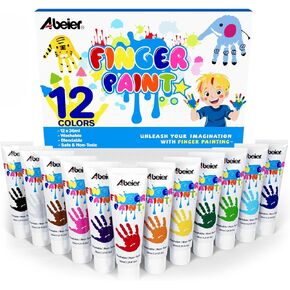 ABEIER Washable Finger Paint for Toddlers, Safe Non-Toxic, 12 Vibrant Colors (1.21fl oz), Baby Safe Paint for Hand and Feet, Mess Free Art Supplies for Kids, Preschool Learning Gifts, Ages 1-3 4 5 6+
