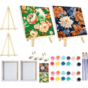 2 Pack Framed and Easel Easy Paint by Number for Adults Canvas,Flowers Paint by Number Kits for Beginner,DIY Acrylic Oil Painting Kits for Home Table and Gift for Wall Decor 7x7in