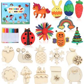Worgree DIY Wooden Magnets, 36 pcs Wooden Art Craft Supplies Painting Kit for Kids Party Favors for Boys Girls Ages 4-8 8-12 Birthday Easter Crafts Gifts Toys Basket Goodie Bag Stuffers