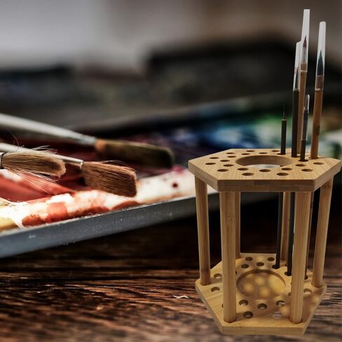 Rotating Paint Brush Holder 25 Holes Bamboo Display Drying Stand Artist Paint Brush Organizer Watercolor Brush Stand Rack Paint Brush Storage Art Supply Organizer(1pcs) in Saudi Arabia