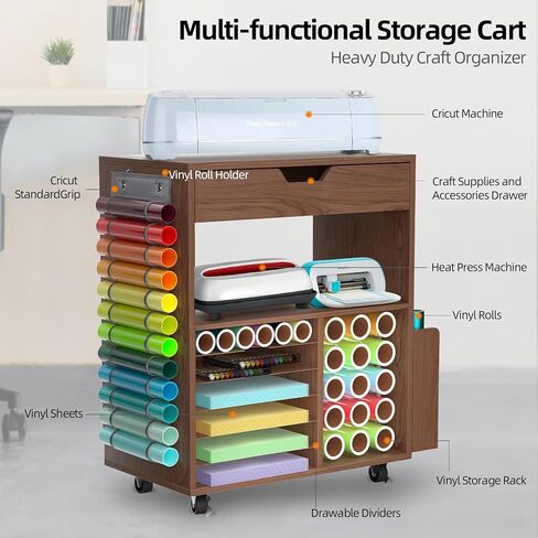 طاولة تنظيم وتخزين متوافقة مع آلات Cricut وCameo، عربة حرفية متدحرجة مع 12 حامل لفائف الفينيل، محطة عمل خزانة مكتب تنظيم الحرف اليدوية للمنزل في غرفة الحرف اليدوية in Kuwait