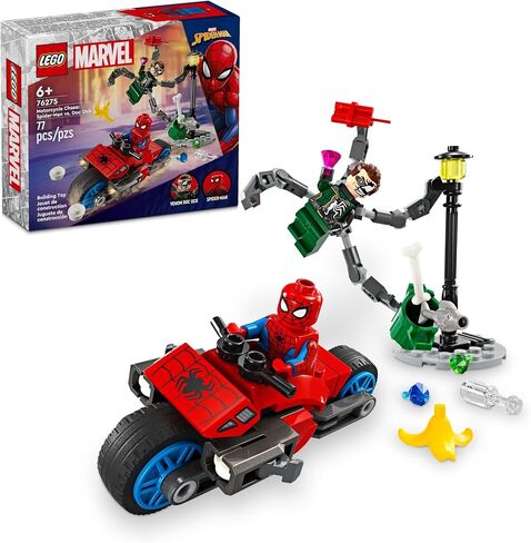 LEGO Marvel Motorcycle Chase: Spider-Man vs. Doc Ock, Buildable Toy for Kids with Stud Shooters and Web Blasters, 2 Marvel Minifigures, Super Hero Toy, Gift for Boys and Girls Aged 6 and Up, 76275 in Saudi Arabia
