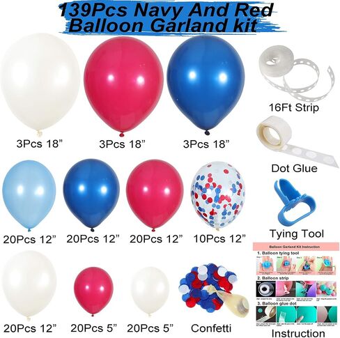 Navy Blue Red White Balloon Garland Kit,139 Pack Navy Red White Confetti Balloon for Boy Blue Birthday Baseball Nautical Theme Party American Flag Party Election Party July 4th Decorations in Saudi Arabia