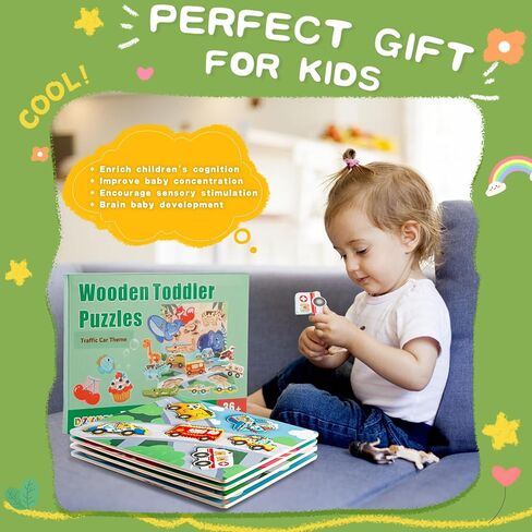 Wooden Puzzles for Toddlers 1-3 Ages, 4 Pack Toddler Puzzles Sea Animals Foods Car, Learning Preschool Educational Toys Gifts, Kid Jigsaw Puzzles for Girls and Boys in Saudi Arabia