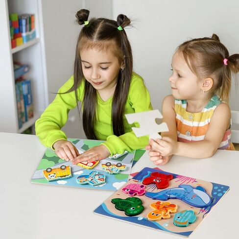Wooden Puzzles for Toddlers 1-3 Ages, 4 Pack Toddler Puzzles Sea Animals Foods Car, Learning Preschool Educational Toys Gifts, Kid Jigsaw Puzzles for Girls and Boys in Saudi Arabia