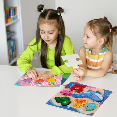 Wooden Puzzles for Toddlers 1-3 Ages, 4 Pack Toddler Puzzles Sea Animals Foods Car, Learning Preschool Educational Toys Gifts, Kid Jigsaw Puzzles for Girls and Boys in Saudi Arabia