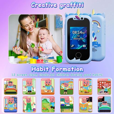 هاتف ذكي للأطفال للفتيات، هدايا هواتف لعبة يونيكورن الوردية للأطفال، هاتف حقيقي لتعليم تعلم شاشة اللمس، هدايا عيد الميلاد لعمر 3 4 5 6 7 8 9 سنوات مع بطاقة SD سعة 8 جيجابايت in Kuwait