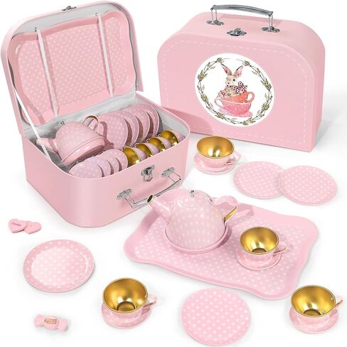 Tea Party Set for Little Girls, 49PCS Princess Tea Time Toys Including Tea Set Dessert Carrying Case, Kids Kitchen Pretend Playset, Tea Set for Girls Birthday Toddler Gifts Age 3-8 in Kuwait
