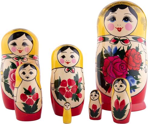 هيكا ناتشورالز سيمينوف دمى التعشيش الصفراء | مجموعة دمى ماتريوشكا الخشبية الطبيعية بالكامل مكونة من 7 قطع (7 بوصة) - ديكور منزلي بابوشكا التقليدي، دمى تراص خشبية، شكل يدوي عتيق in Kuwait