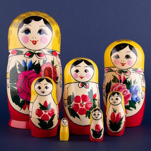 هيكا ناتشورالز سيمينوف دمى التعشيش الصفراء | مجموعة دمى ماتريوشكا الخشبية الطبيعية بالكامل مكونة من 7 قطع (7 بوصة) - ديكور منزلي بابوشكا التقليدي، دمى تراص خشبية، شكل يدوي عتيق in Kuwait