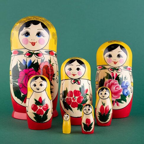 هيكا ناتشورالز سيمينوف دمى التعشيش الصفراء | مجموعة دمى ماتريوشكا الخشبية الطبيعية بالكامل مكونة من 7 قطع (7 بوصة) - ديكور منزلي بابوشكا التقليدي، دمى تراص خشبية، شكل يدوي عتيق in Kuwait